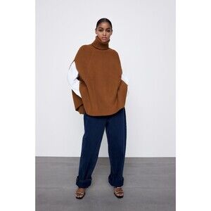 Brown Zara Turtleneck Poncho Cape Ribbed Knit Sweater (NWT)